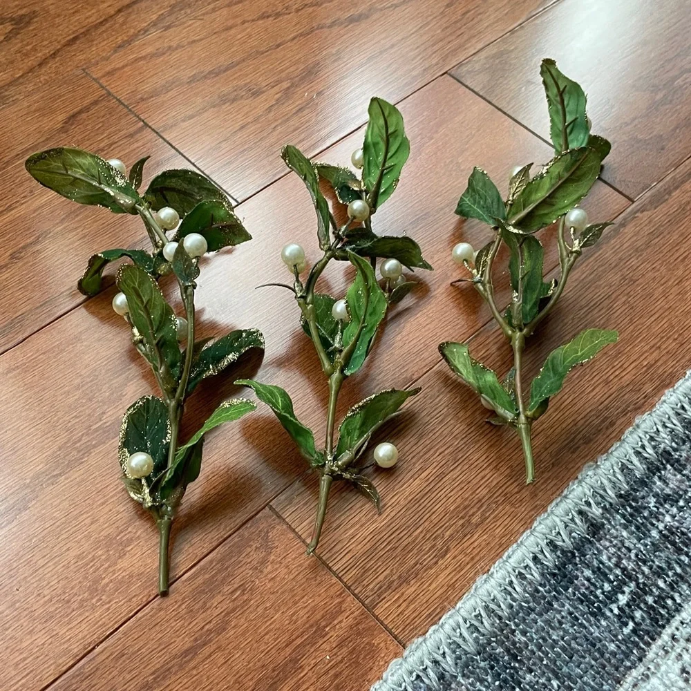 Set of 6 Floral Stems with Artificial Faux Pearls & Gold Glitter Accent Leaves